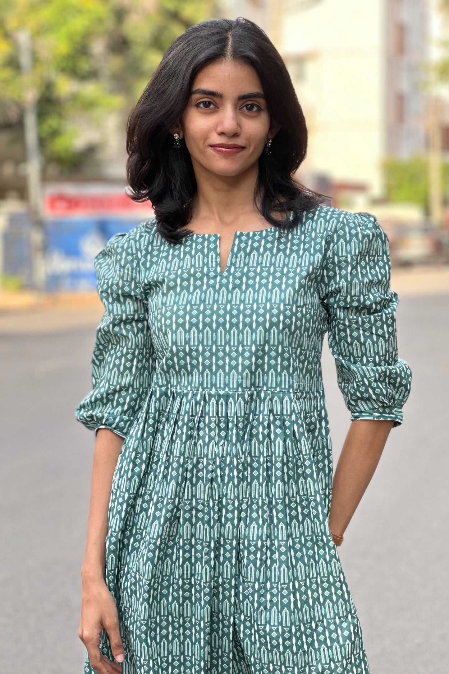 Geometric printed green maxi dress