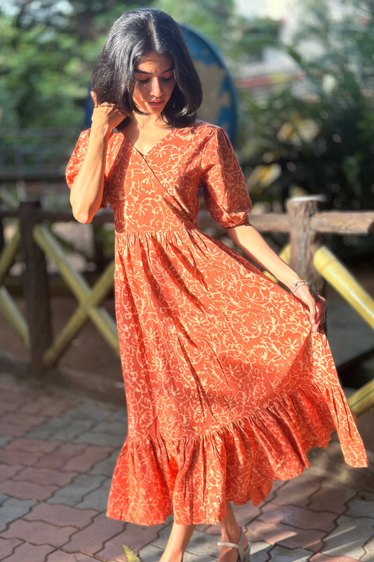 Orange bagru printed maxi dress