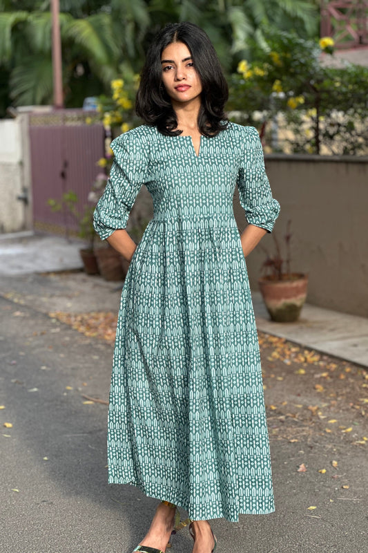 Geometric printed green maxi dress