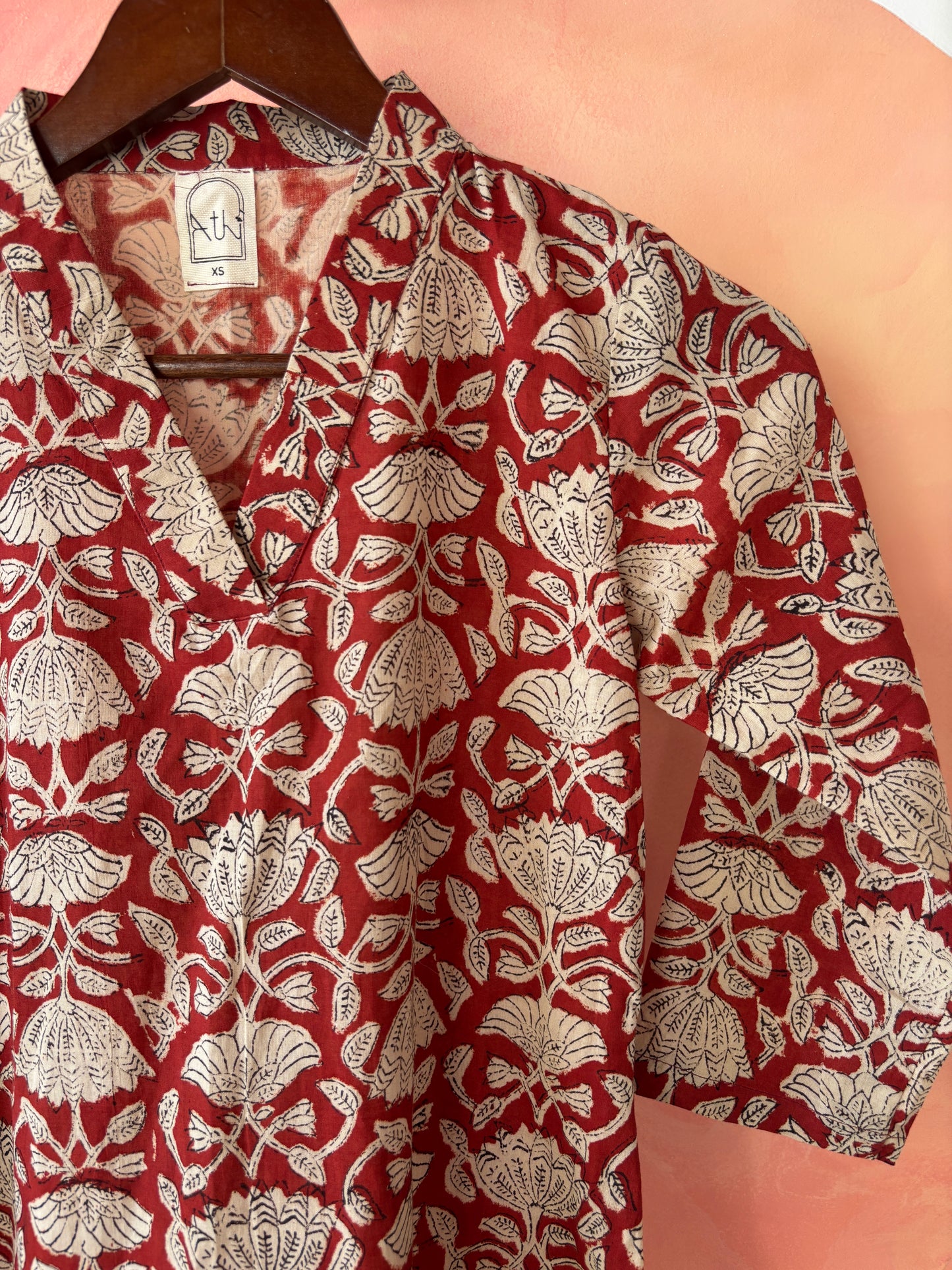 Maroon block printed cotton Kurta
