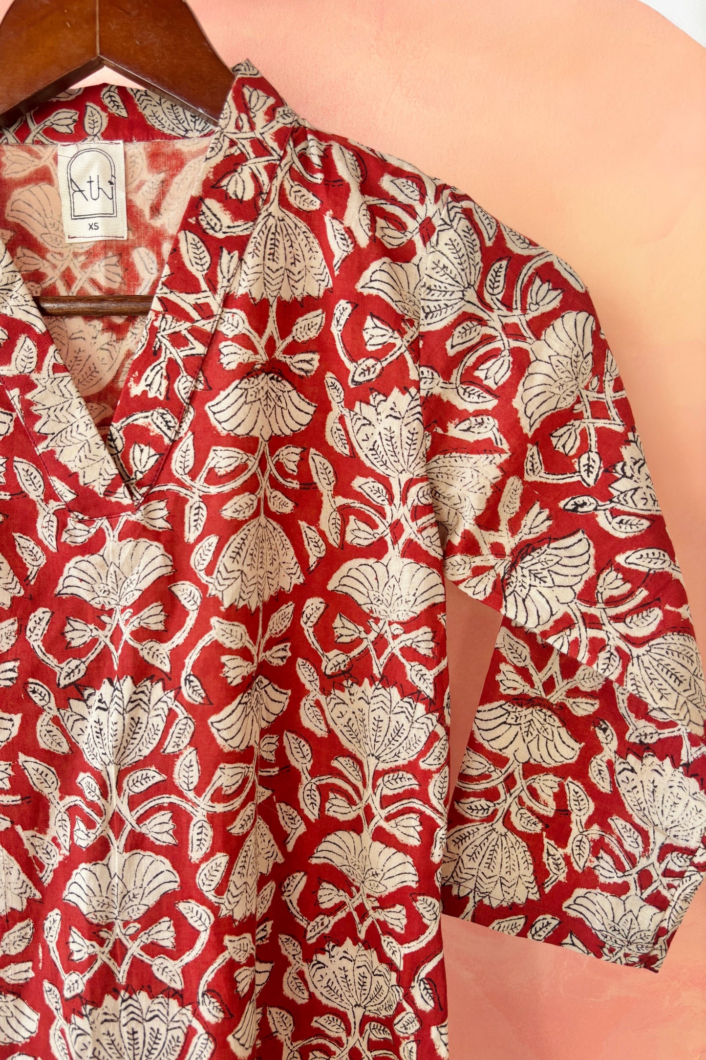 Maroon block printed cotton kurta