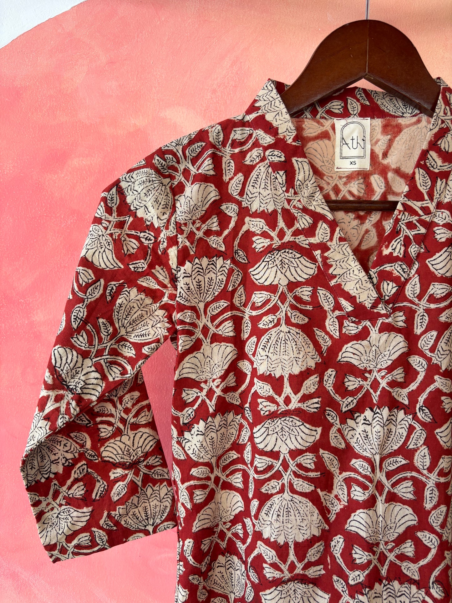 Maroon block printed cotton Kurta