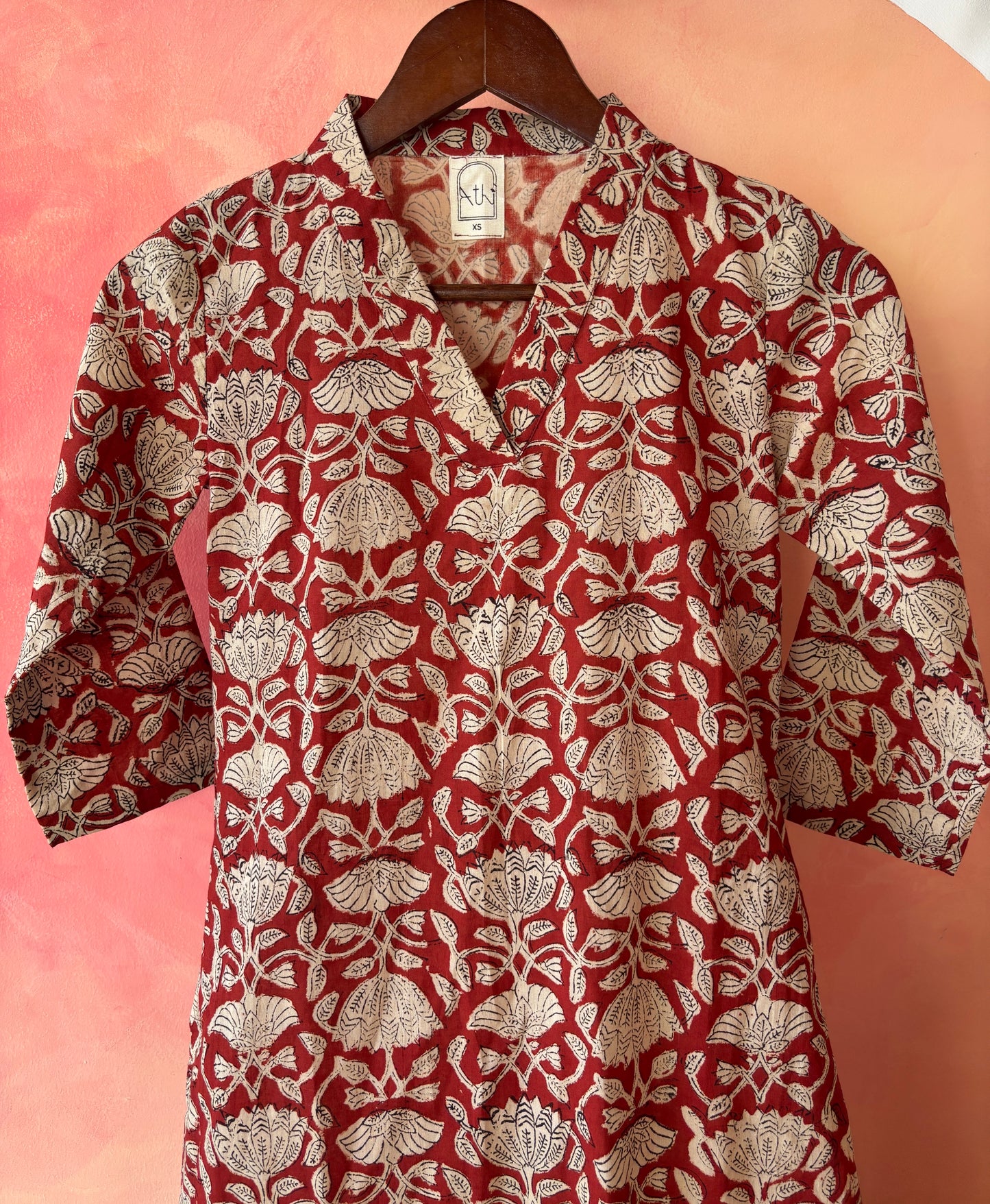 Maroon block printed cotton Kurta