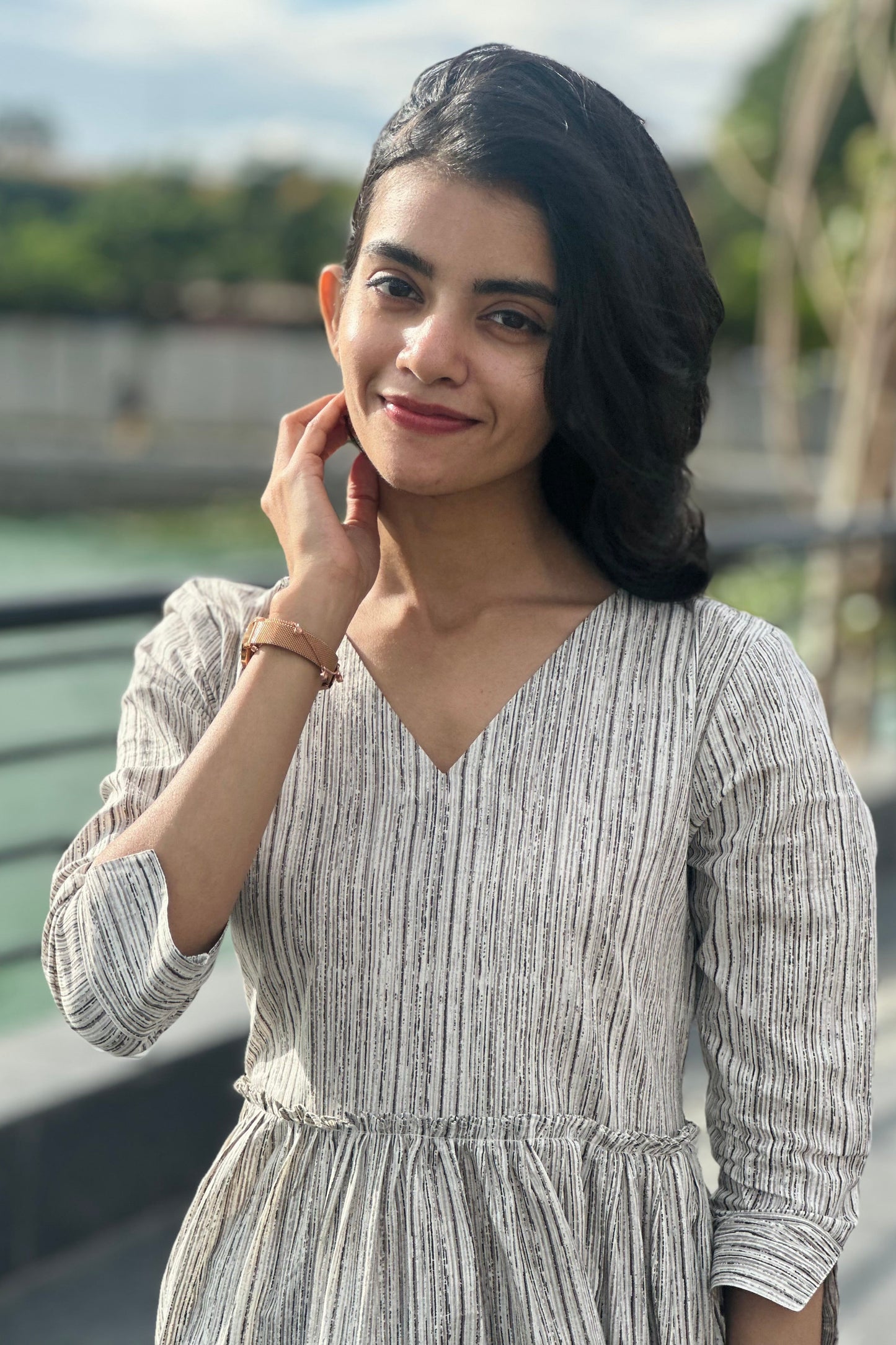 Beige striped cotton dress
