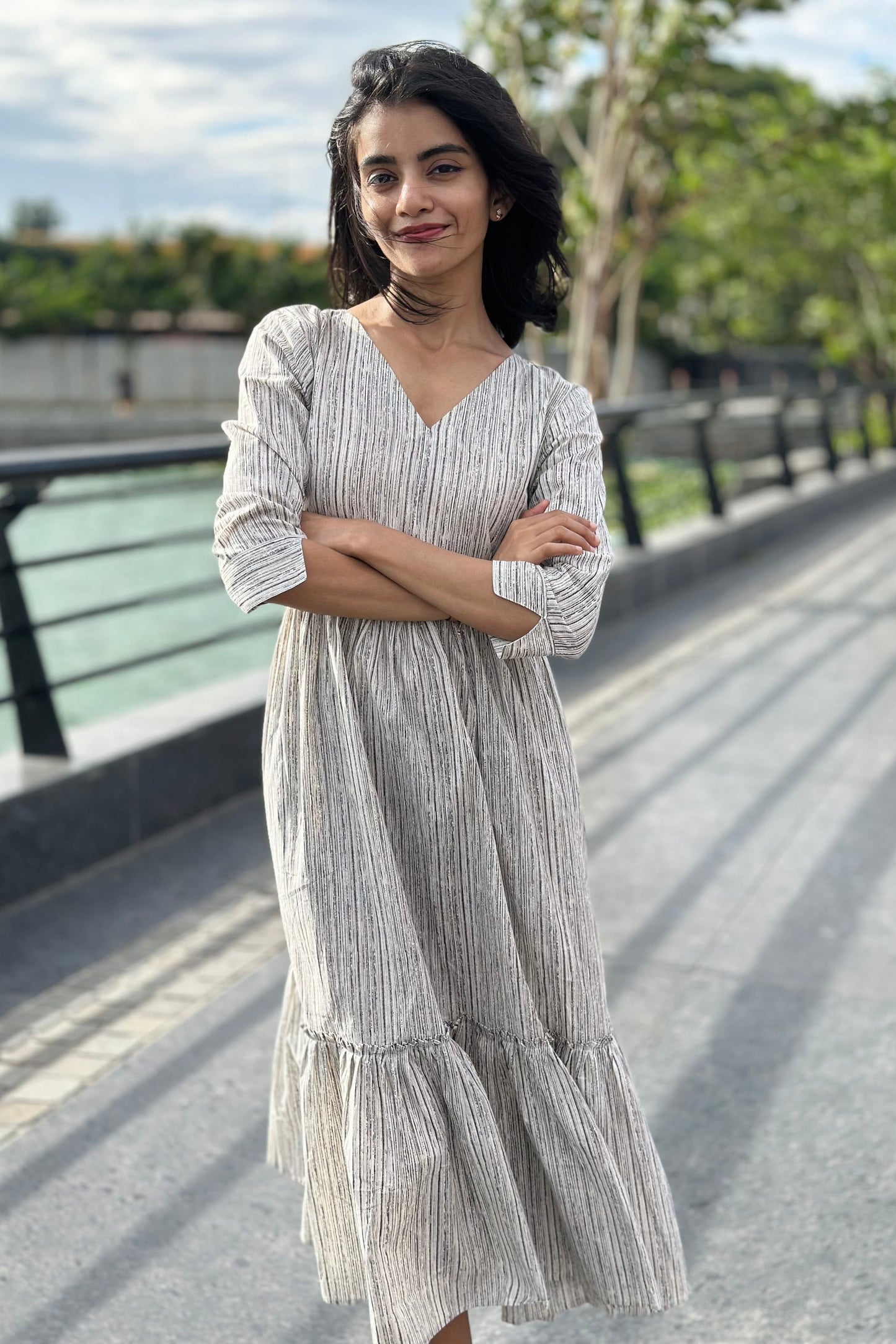 Beige striped cotton dress