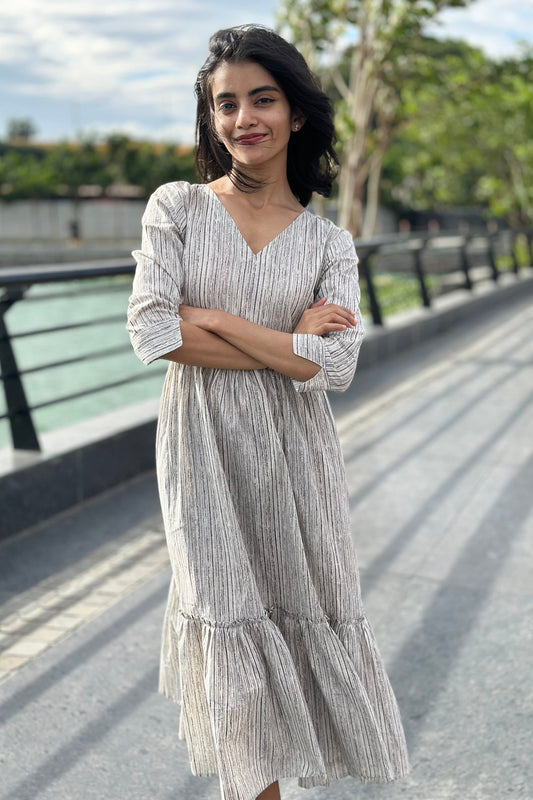 Beige striped cotton dress