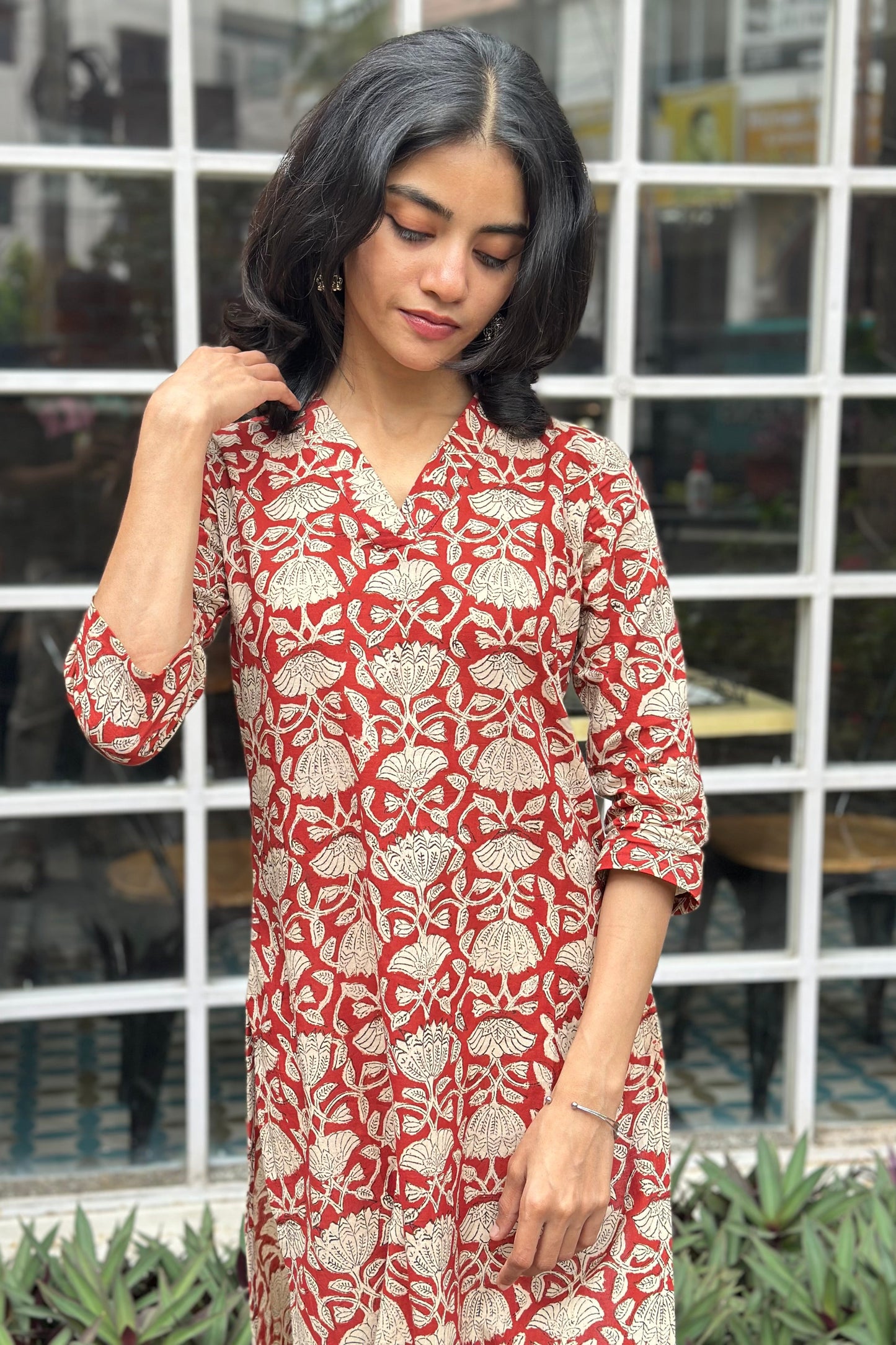 Maroon block printed cotton kurta