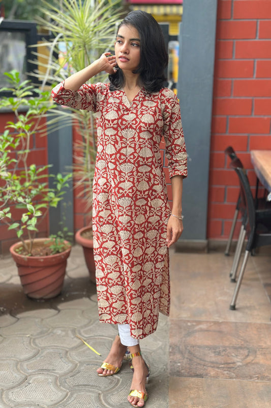 Maroon block printed cotton kurta