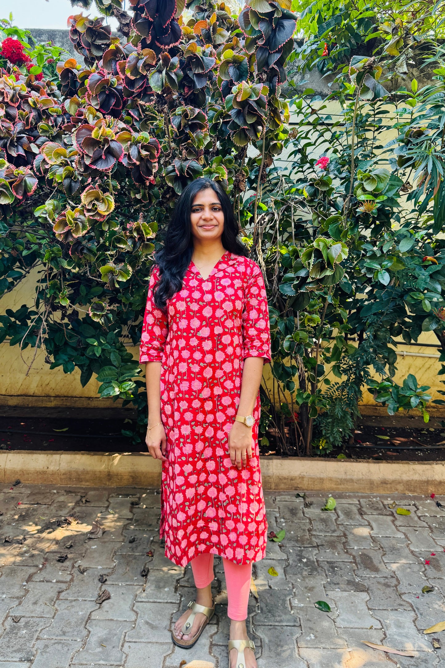 Red floral printed kurta