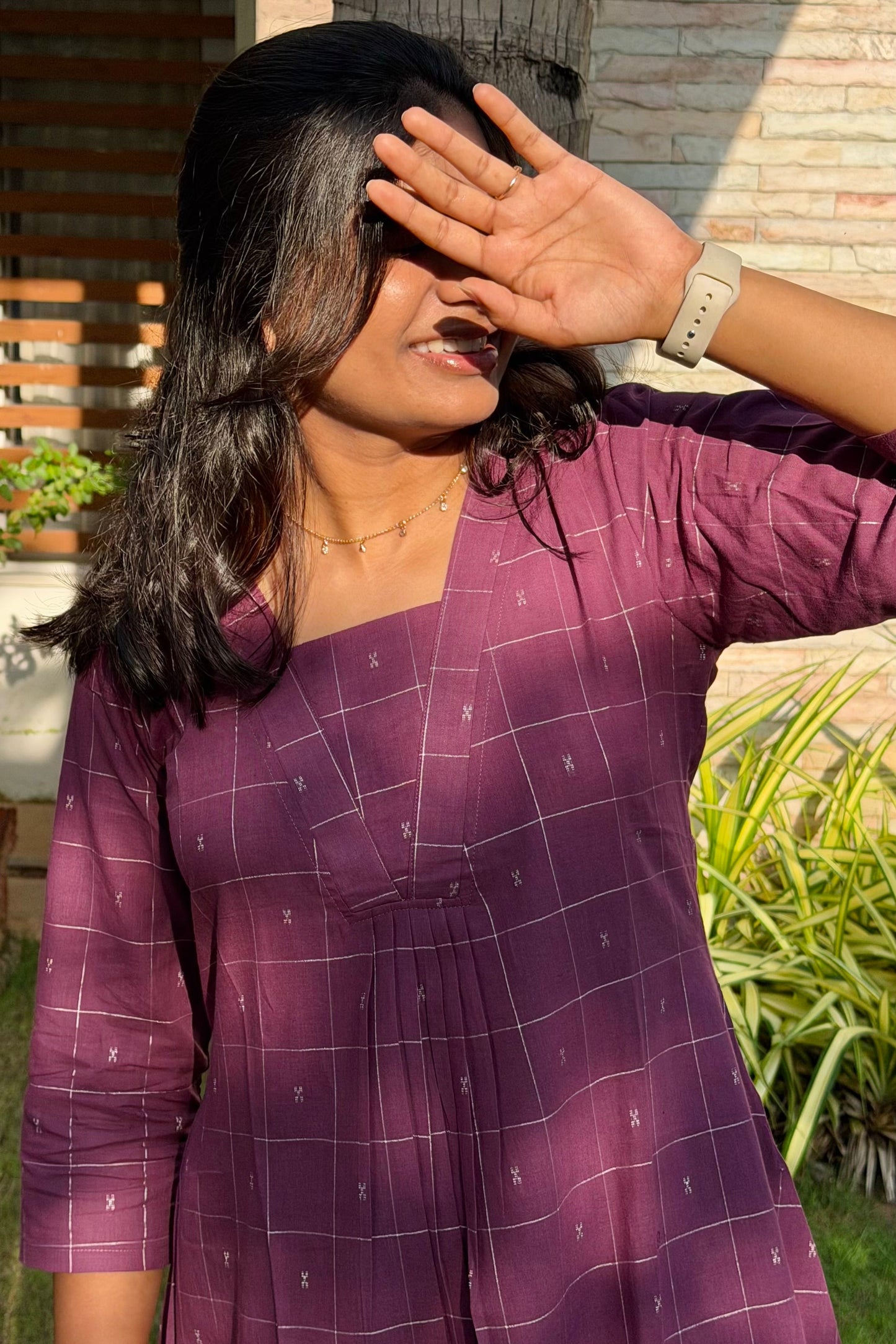 Plum Checked A-Line Handloom Cotton Co-ord Set