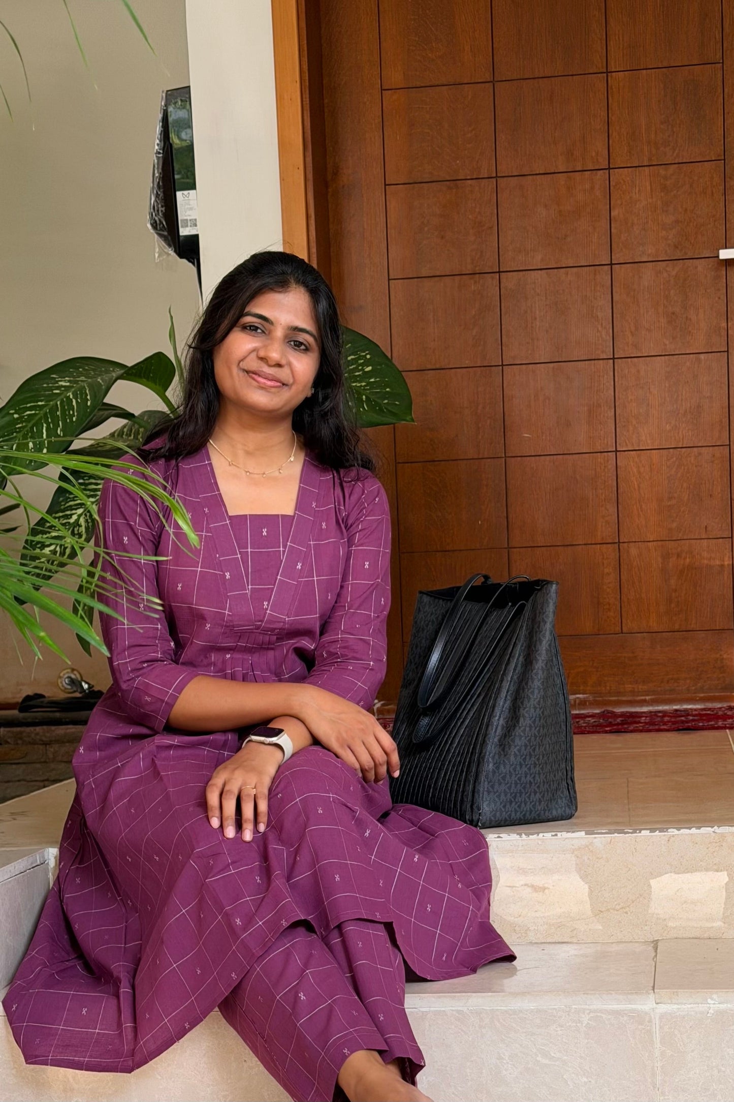 Plum Checked A-Line Handloom Cotton Co-ord Set