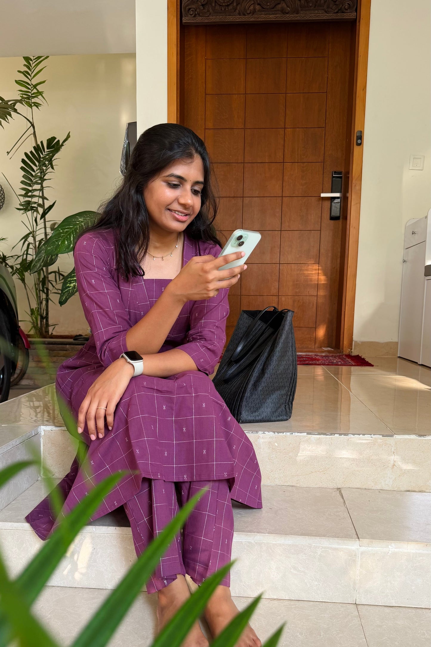 Plum Checked A-Line Handloom Cotton Co-ord Set
