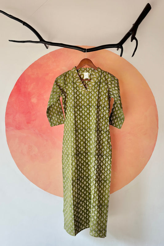 Olive block printed kurta
