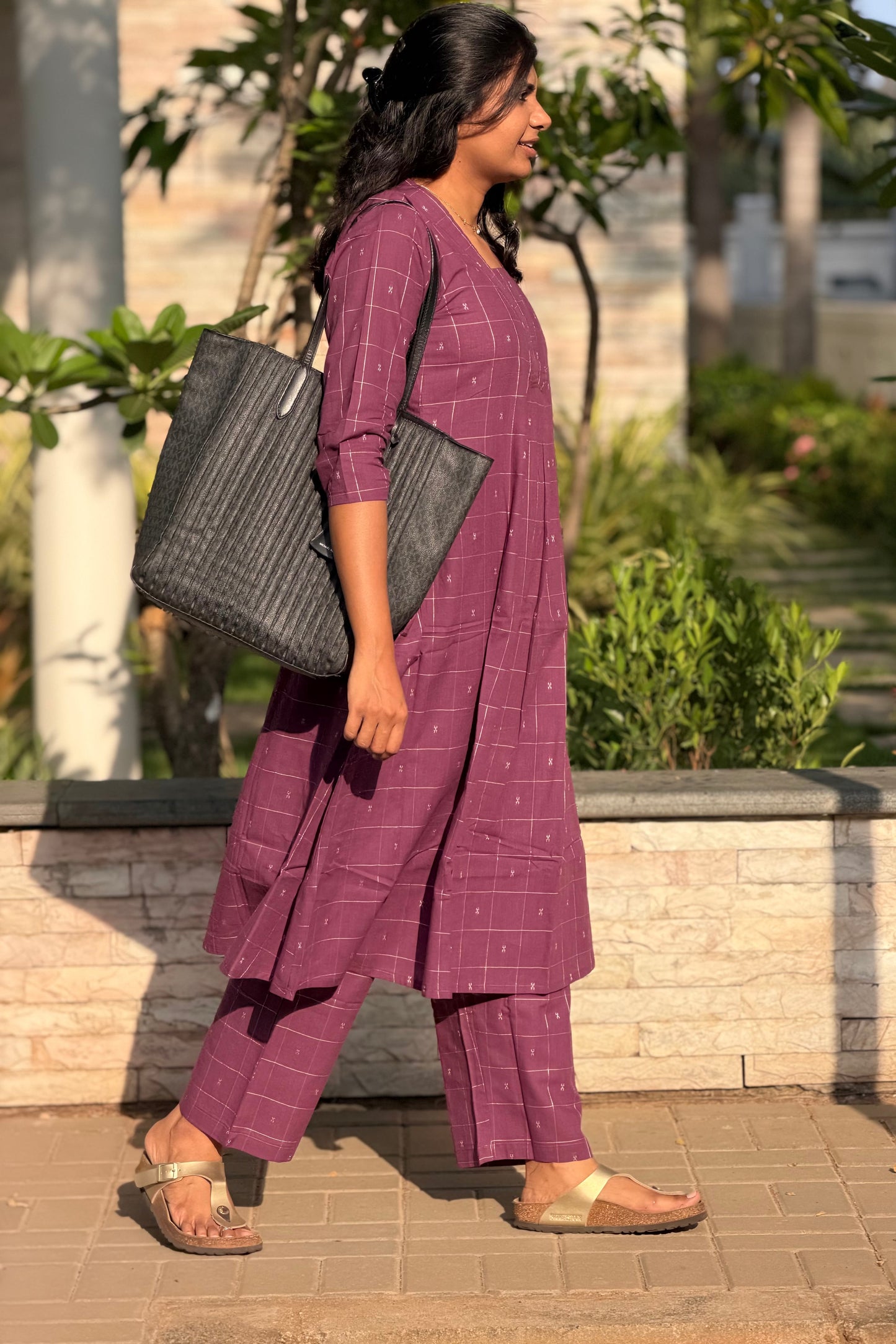 Plum Checked A-Line Handloom Cotton Co-ord Set