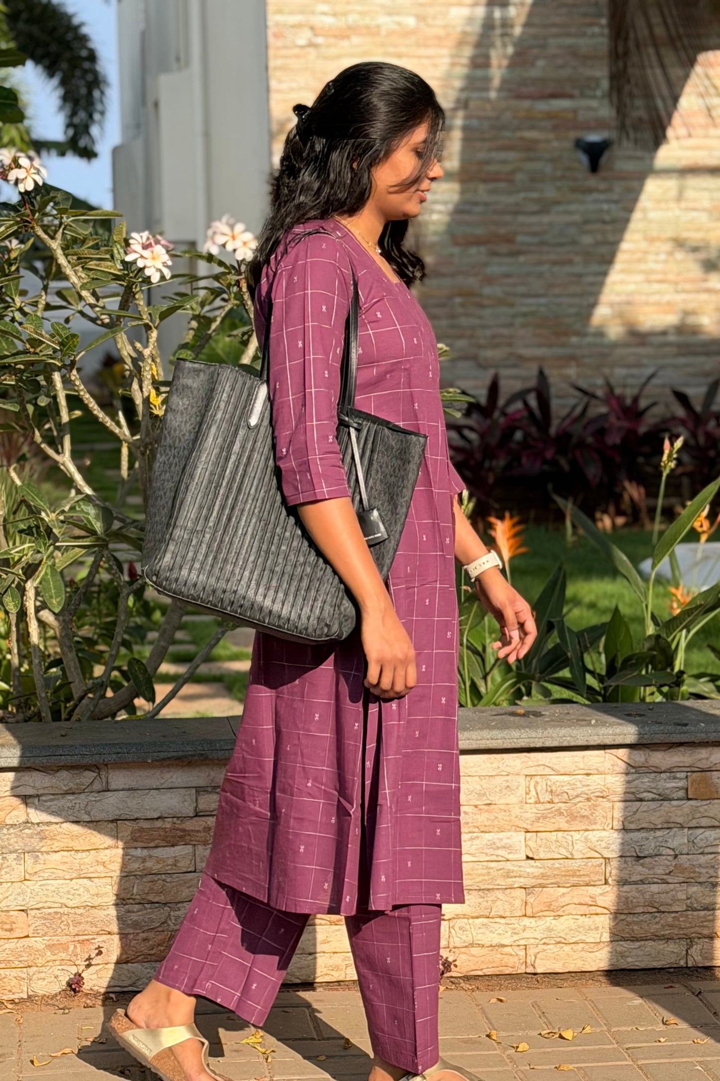 Plum Checked A-Line Handloom Cotton Co-ord Set