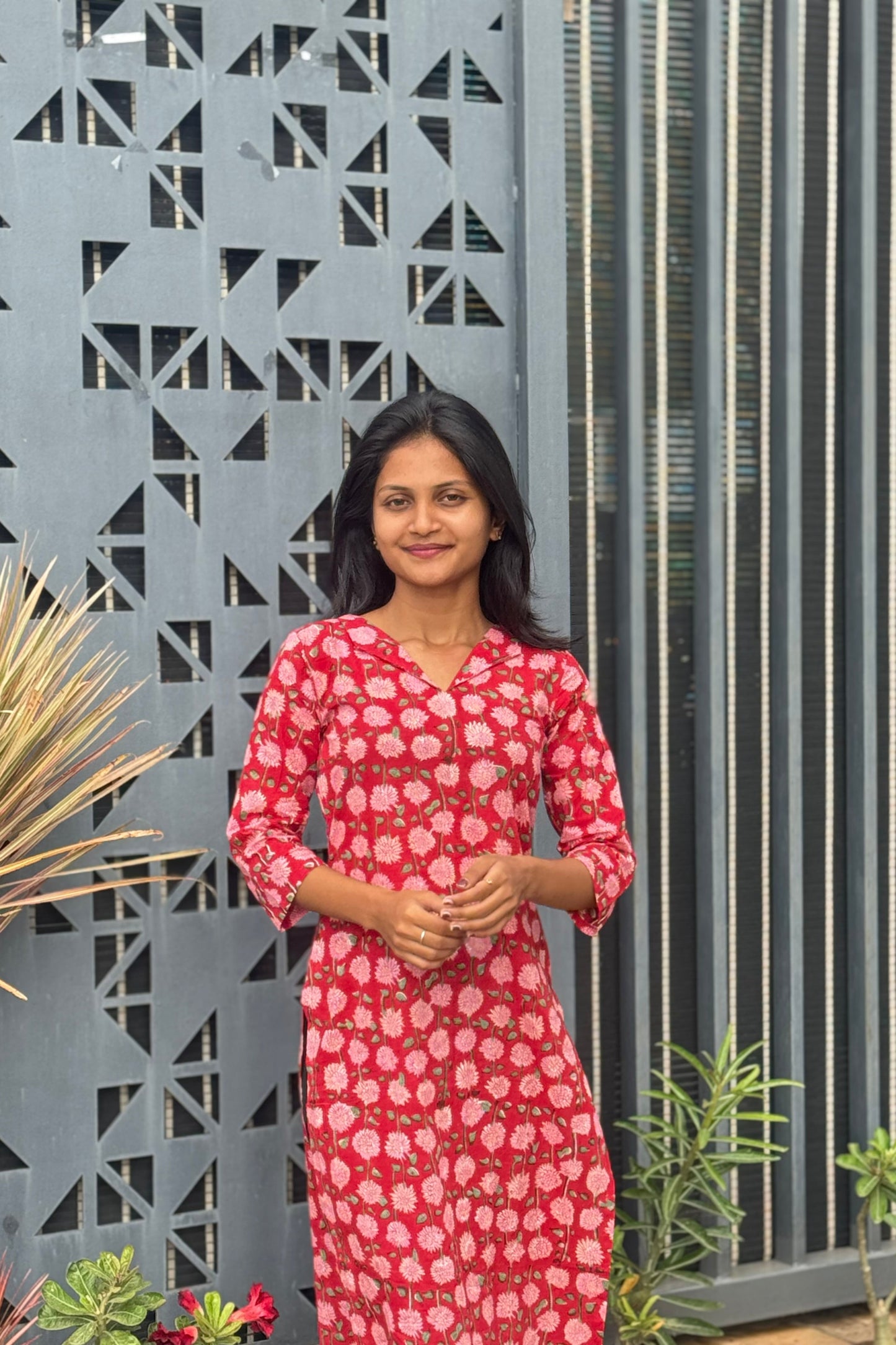 Red floral printed kurta