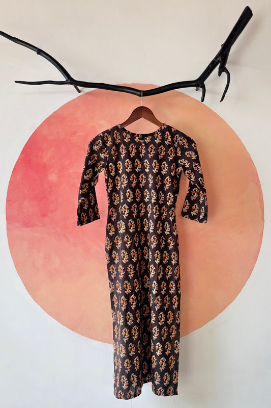 Black block printed kurta