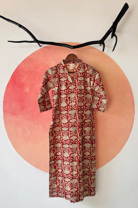 Maroon block printed cotton kurta