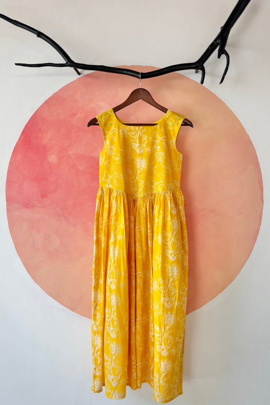 Yellow floral printed sleeveless dress