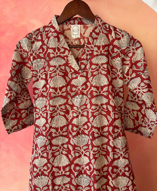 Maroon block printed cotton Kurta