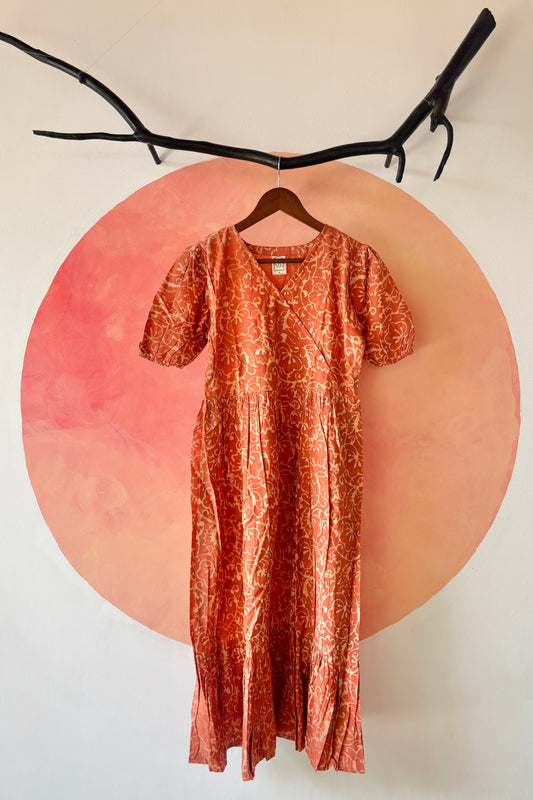 Orange bagru printed maxi dress